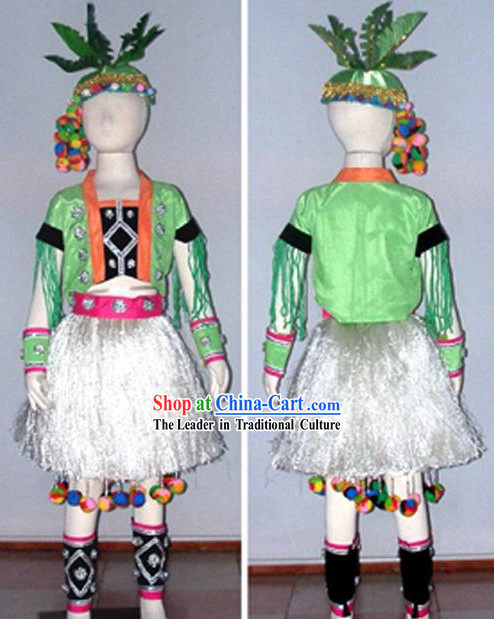 Chinese Ethnic Minority Dance Costume Dancewear and Headdress Kids Showcase Complete Set