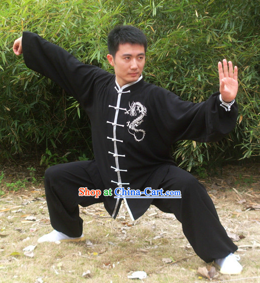 Morning Practice Black Kung Fu Uniform with Silver Dragon