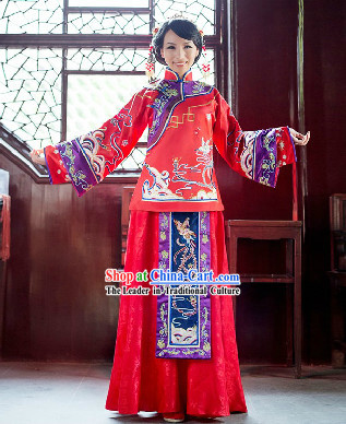 Traditional Chinese Romantic Phoenix Wedding Blouse and Skirt for Brides