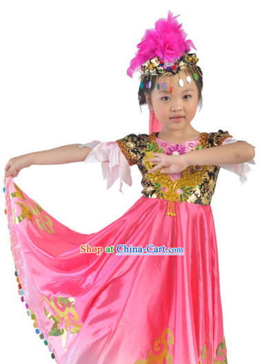 Chinese Xinjiang Dancer Costumes and Hat for Kids