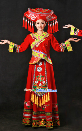 Chinese Zhuang Ethnic Minority Wedding Dress and Hat Complete Set for Brides