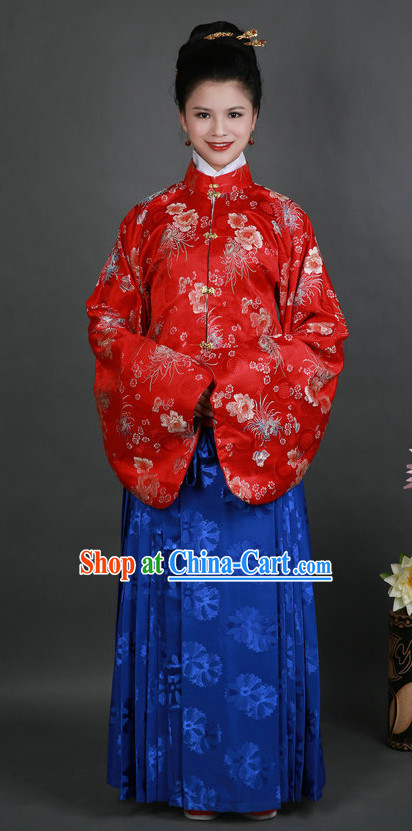 Red and Blue Ming Dynasty Hanfu Costumes and Hair Accessories Complete Set for Women