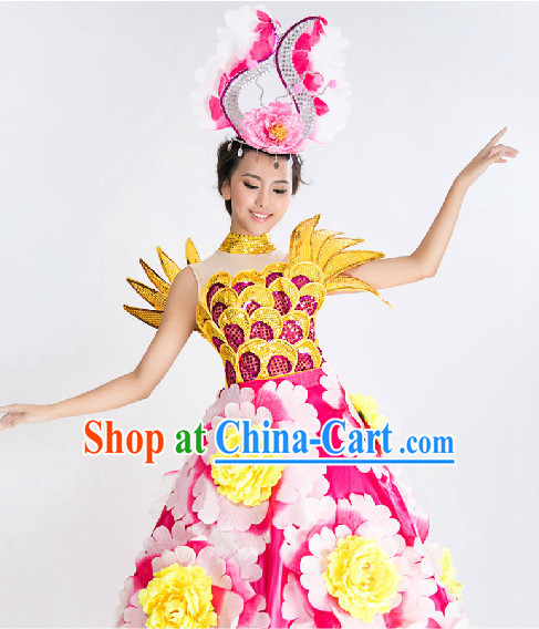 Stage Floral Dance Costumes and Headwear Complete Set