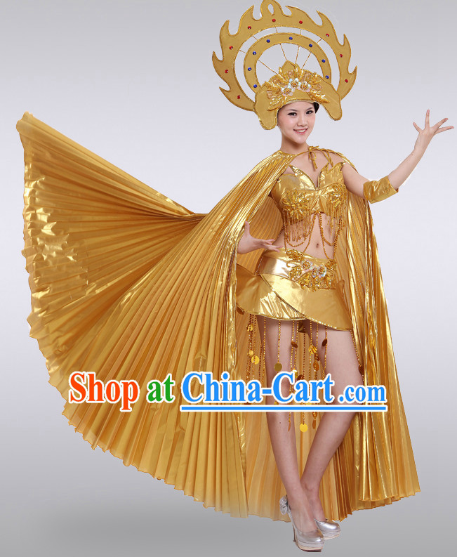 Gold Thailand Dance Costumes and Hat for Women