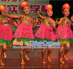 Chinese Girls Flower Dance Costumes and Headwear Complete Set for Children