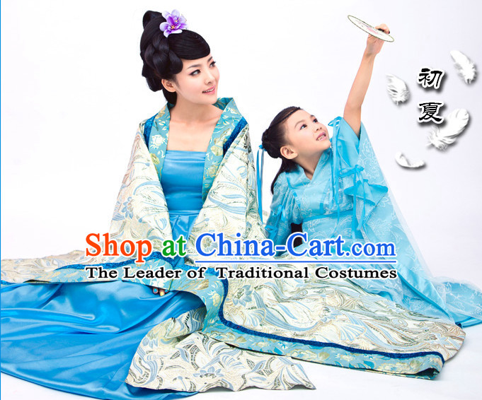 Asian Chinese Mother Daughter Hanfu Costumes and Hair Accessories Complete Set