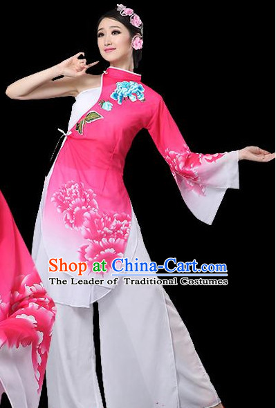 Pink Chinese Classical Dance Costumes Leotards Dance Supply Girls Clothes and Hair Accessories Complete Set