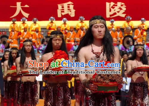 Xia Dynasty New Stone Age Costume and Headwear Complete Set for Men