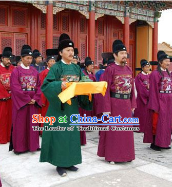 Green Ming Dynasty Official Statesman Officer Chancellor Costumes Dresses Clothing Clothes Garment Outfits Suits Complete Set for Men