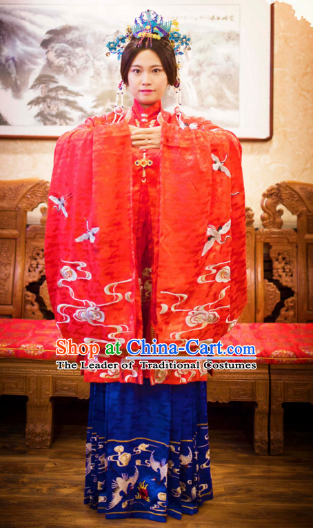 Ming Dynasty Ancient Chinese Costumes Classic Clothing Clothes Garment Outfits Dance Wear Embroidered Crane Wedding Dresses and Hair Jewelry for Women
