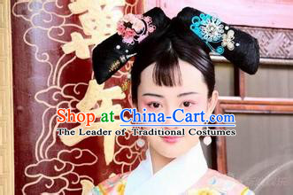 Qing Dynasty Chinese Female Black Wigs and Hair Jewelry Set