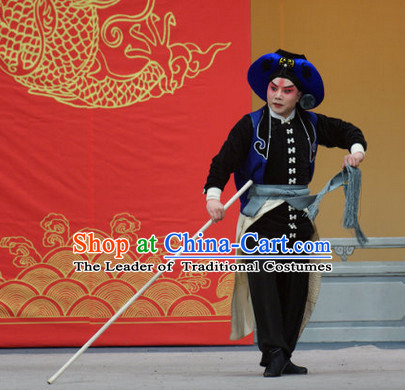 Blue Ancient Chinese Asian Peking Opera Costumes Wu Song Costume and Hat Complete Set for Men