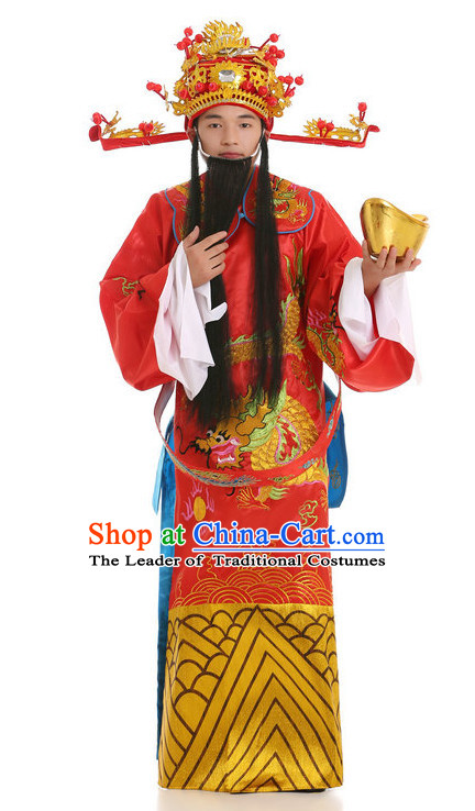 Chinese Opera Costumes Beijing Opera Costume Peking Stage Dress Cai Shen Money God Dragon Robe and Hat Complete Set