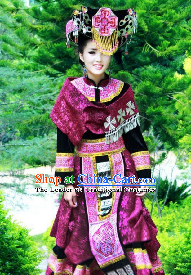 Traditional Chinese Miao Tribe Clothing Suits Garment Outfits and Hat Complete Set for Women or Girls