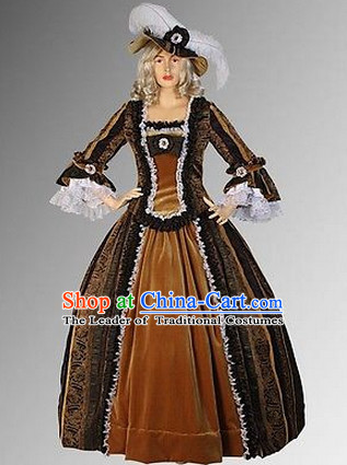Ancient English British Medieval Costumes Baroque Wedding Dresses and Hat Complete Set for Women Girls Adults Kids