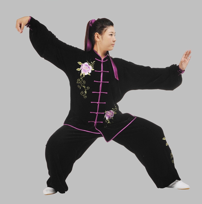 Black Velvet Embroidery Kung Fu Pants and Blouse Complete Set for Women