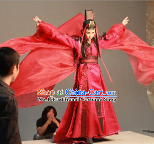Chinese Top Kung Fu Master Dong Fang Bu Bai Red Costumes and Hat Complete Set