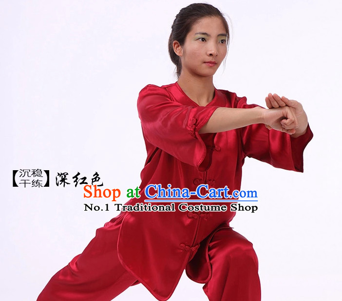 Plain Red Color Top Asian China Tai Chi Short Sleeves Uniform