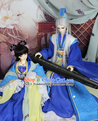 Chinese Blue Lover Costumes and Hair Jewelry Complete Set for Men and Women