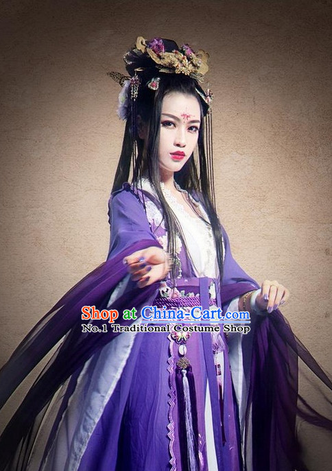Asian Fashion Chinese Purple Princess Clothes and Hair Jewelry Complete Set for Women