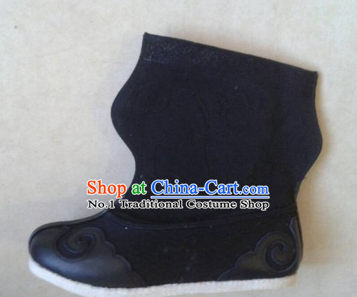 Handmade Chinese Traditional Ancient Warrior Wrestler Men Black Leather Boots Footwear