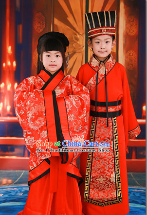 Western Zhou Dynasty Chinese Traditional National Costume Wedding Dress Outfits 2 Sets for Kids