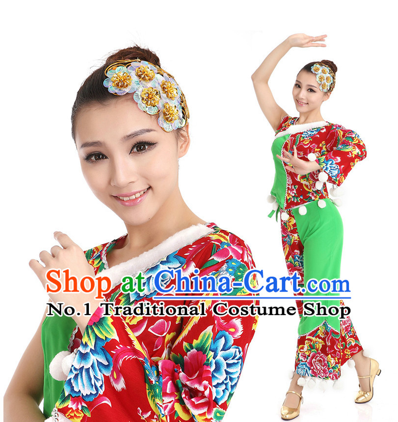 Chinese Fan Dance Costumes Apparel Dance Stores Dance Gear Dance Attire and Hair Accessories Complete Set for Women