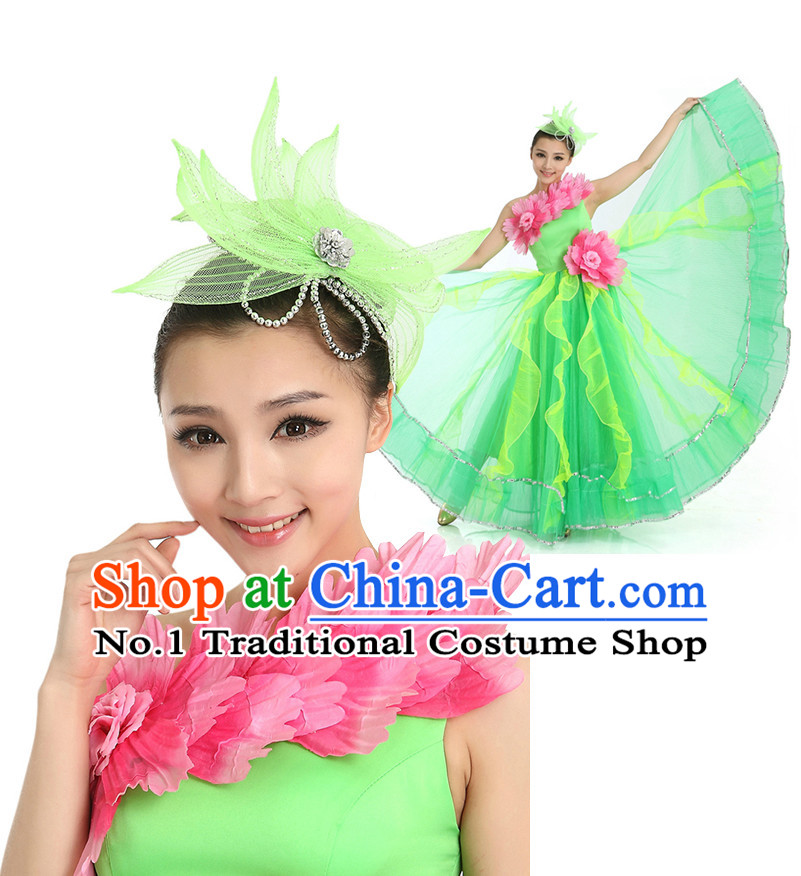 Chinese Flower Dance Costumes Apparel Dance Stores Dance Gear Dance Attire and Hair Accessories Complete Set for Women
