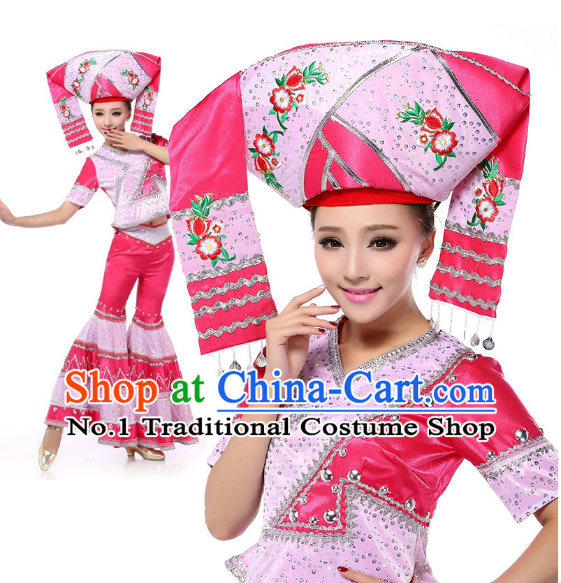 Chinese Stage Zhuang Minority Costumes Apparel Dance Stores Dance Gear Dance Attire and Hair Accessories Complete Set