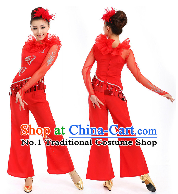 Chinese Red Stage Costumes Dance Stores Dance Gear Dance Attire and Hair Accessories Complete Set