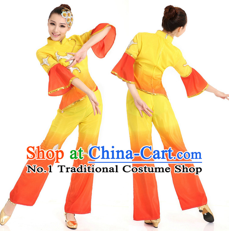 Asian Chinese Classical Fan Dancing Costume Dance Stores Dance Gear Dance Attire and Hair Accessories Complete Set