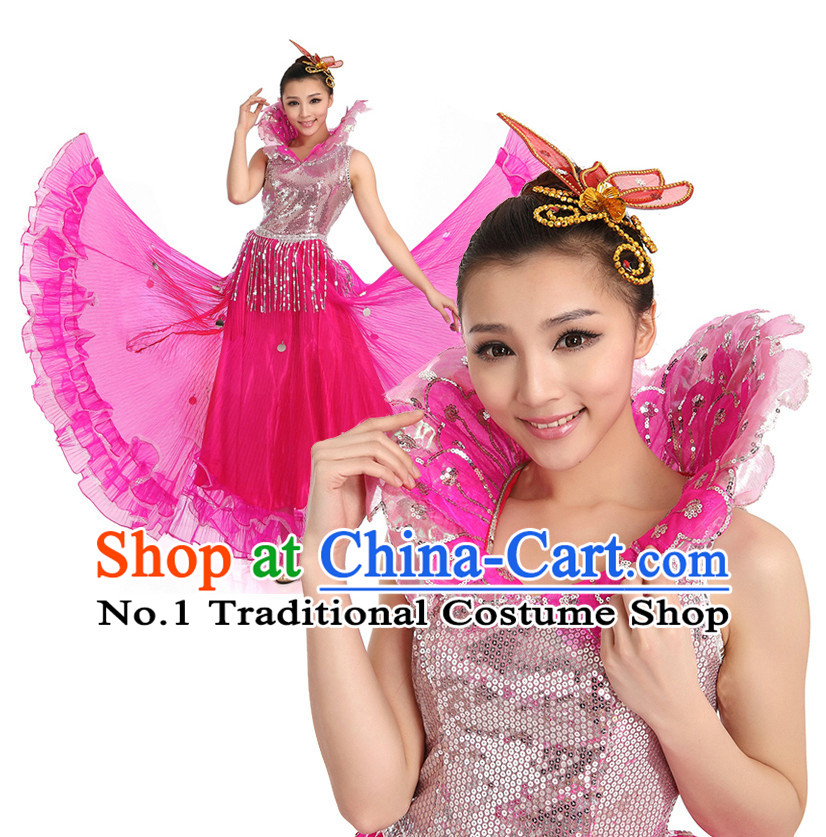 Asian Chinese Dance Costume Dance Stores Dance Gear Dance Attire and Hair Accessories Complete Set