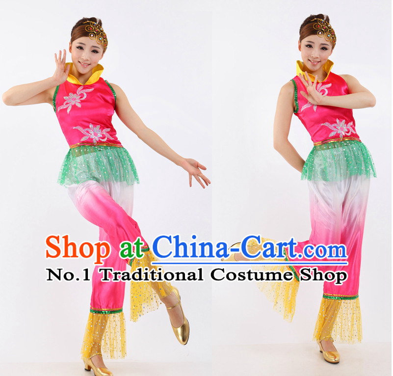 Asian Chinese Fan Dance Costume Dance Attire and Hair Accessories Complete Set