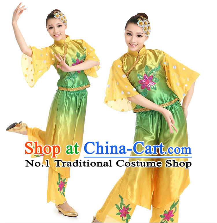 Chinese Fan Dancing Costumes Apparel Dance Stores Dance Gear Dance Attire and Hair Accessories Full Set