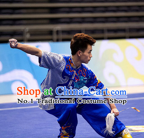 Top Blue Short Sleeves Martial Arts Uniform Supplies Kung Fu Southern Swords Broadswords Competition Uniforms for Men