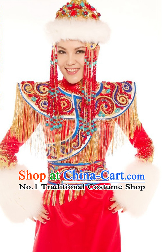 Chinese Ethnic Mongolian Princess Costumes and Hat Complete Set for Women