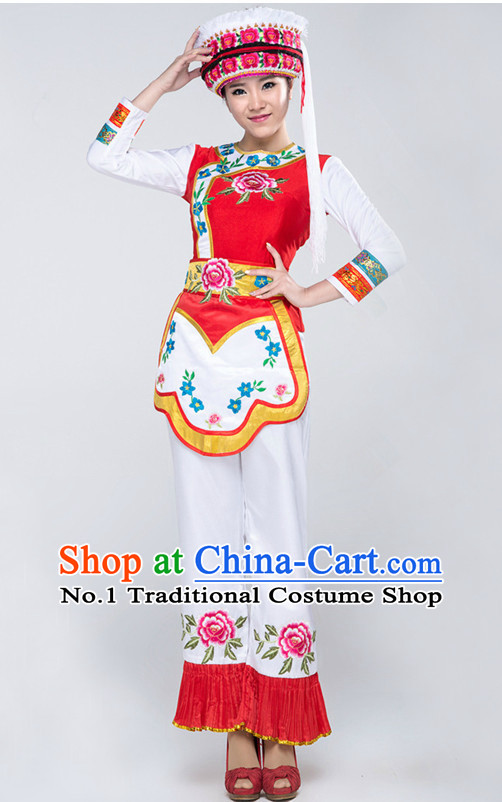Asian China Bai Ethnic Clothes and Hat Complete Set for Women