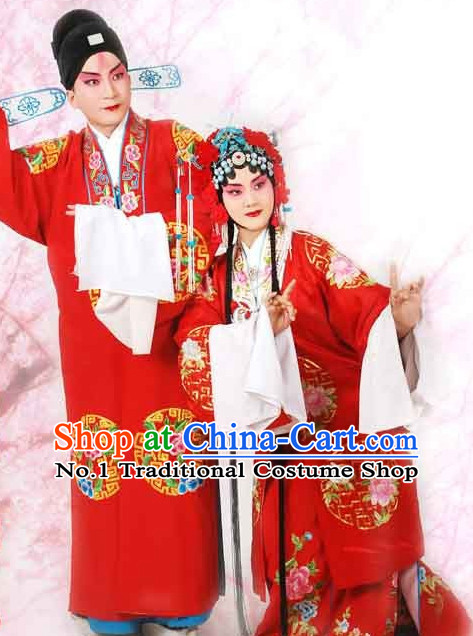 Chinese Peking Opera Beijing Opera Husband and Wife Wedding Costumes and Headwear 2 Sets