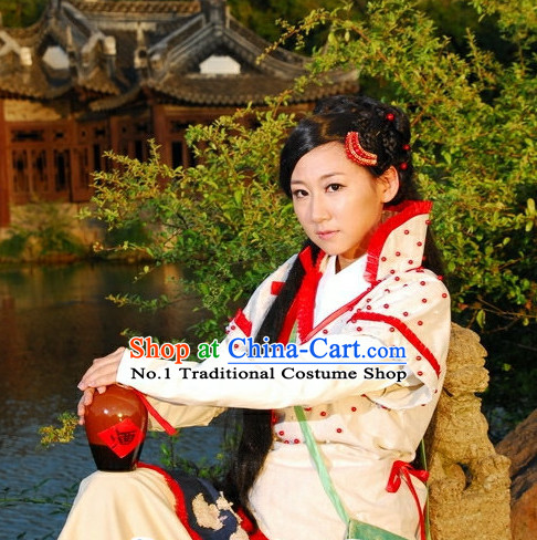 Chinese Traditional Swordswoman Costumes and Headpieces Complete Set