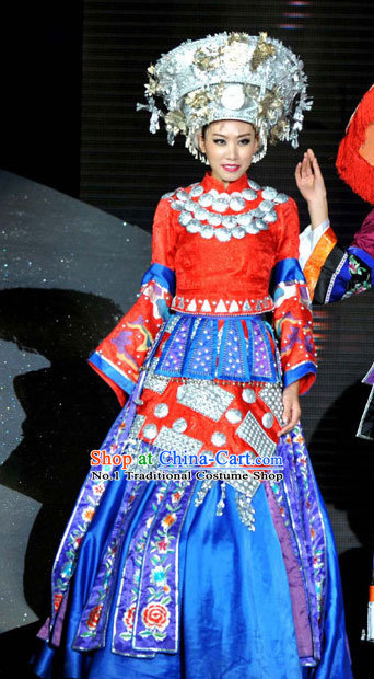 Tradiitonal Chinese Miao Ethnic National Costumes and Hat Complete Set for Women
