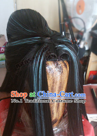 Chinese Ancient Style Kung Fu Swordswomen Scholar Men's Long Black Wigs