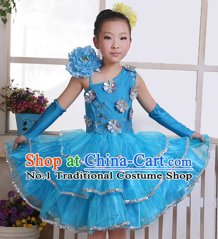 Chinese Flower Dance Costumes and Headwear Complete Set for Kids