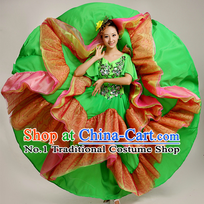 Chinese Flower Dance Costumes and Headwear Complete Set for Women