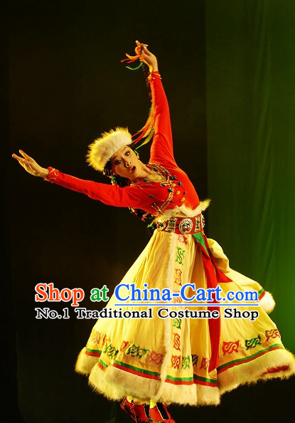 Traditional Chinese Folk Tibetan Dance Costumes and Hat Complete Set for Women