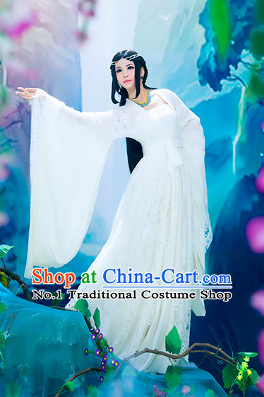 Chinese Ancient Pure White Fairy Clothes and Hair Accessories for Women