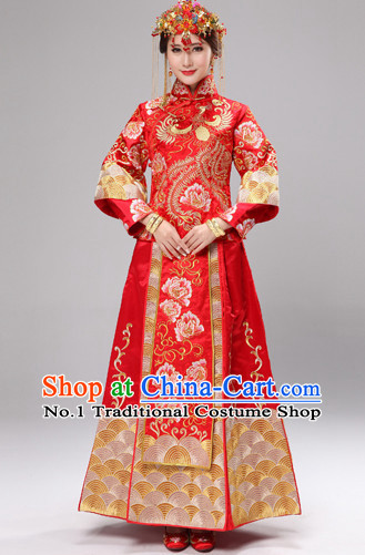 Traditional Chinese Ceremonial Wedding Dresses and Hair Accessories Complete Set for Brides