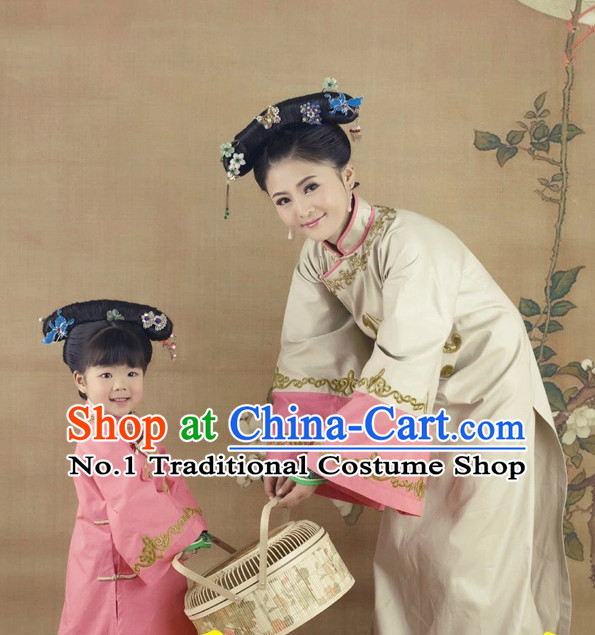 Traditional Chinese Minguo Time Hanfu Dress Ancient Chinese Dress Clothing and Hair Accessories 2 Sets for Mother and Daughter