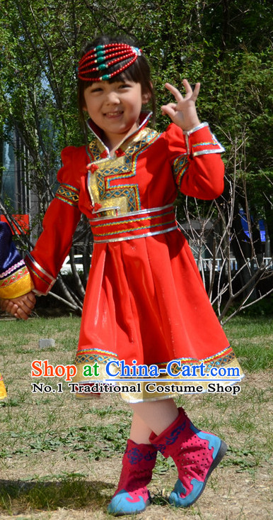 Traditional Chinese Photo Costume Mongolian Clothing and Hat Complete Set for Child