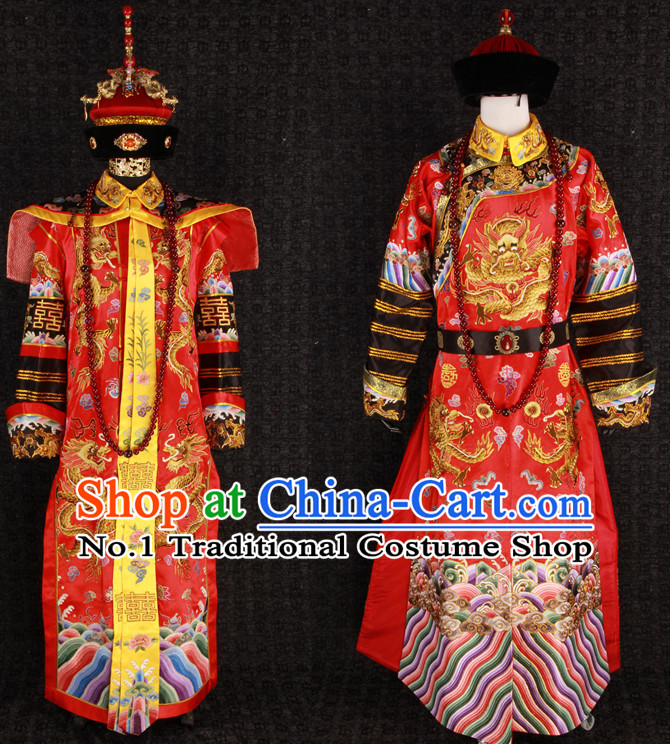 Ancient Chinese Princess Wedding Dress and Hat 2 Complete Sets for Men and Women