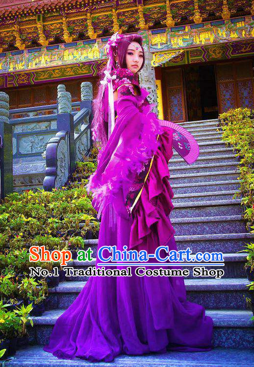 Purple Traditional Chinese Noblewoman Costumes and Long Wigs Complete Set for Women